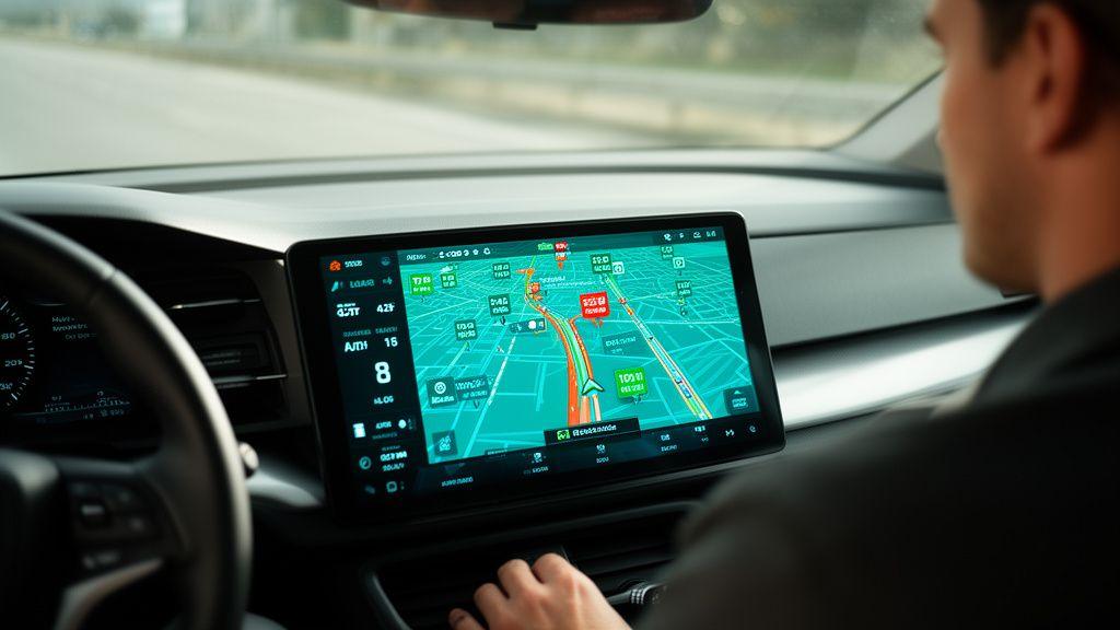 Moderne Navigationssystem-Dashboard in einem Auto, Fahrer betrachtet Karte mit Echtzeit-Verkehrsinformationen